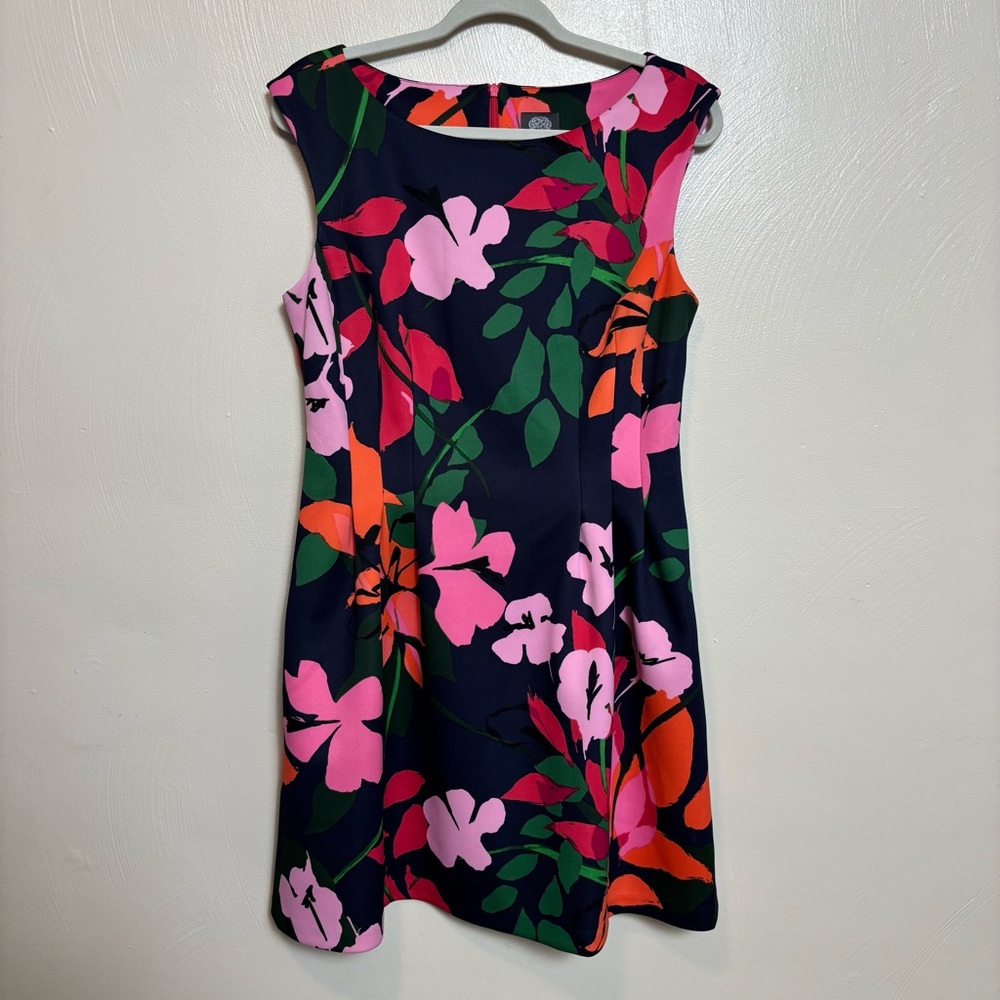 Vince Camuto Women's Dress Navy Blue Floral Sleeveless Fit Flare Pockets Size 14